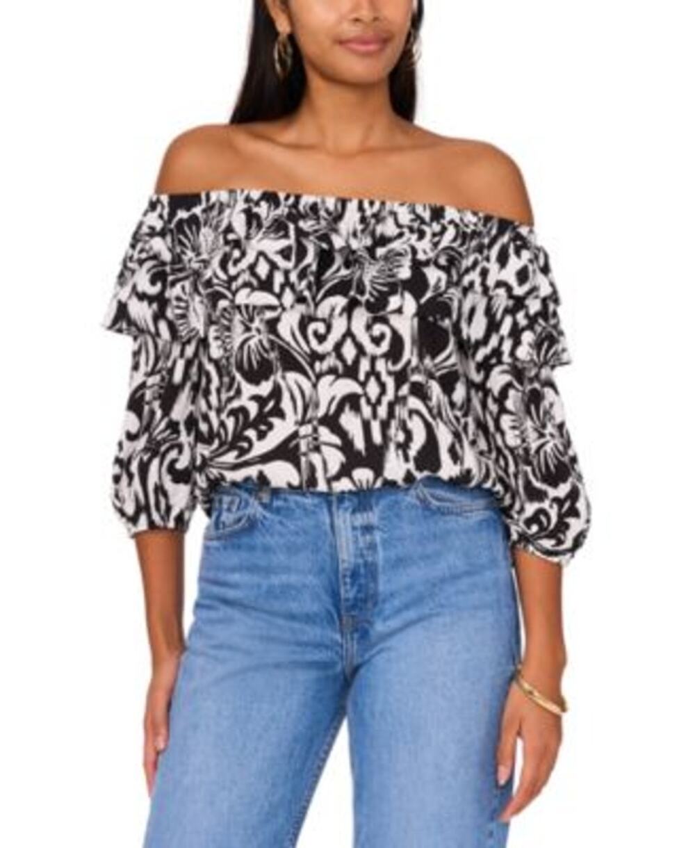 Sam & Jess Women's Printed Tiered-Ruffle Top in Black & White